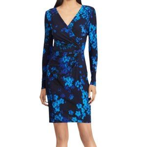American Living Faux Wrap Ruched Side Waist Long Sleeved Blue Floral Dress 18